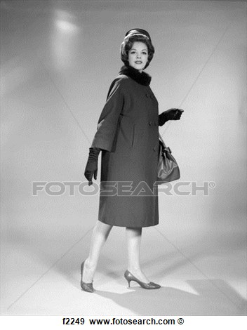 1960s Woman Full Length Pillbox Hat Coat Gloves Fur Collar High Heeled