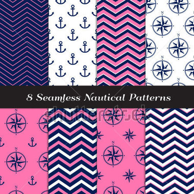 Nautical Navy Blue Pink And White Chevron And Anchors And Compasses