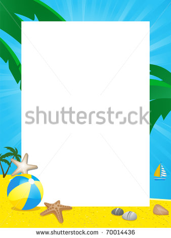 Summer Border With Beach Ball Starfish Palm Trees And Boat On A    