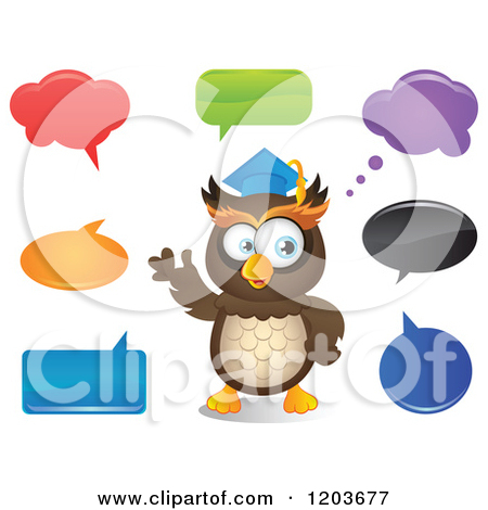 Cartoon Of A Cute Big Eyed Owl Teacher With Colorful Thought And
