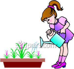Clip Art  Child Watering Flowers  B W  Spring Child Activity    