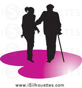 Clipart Of A Silhouetted Nurse Walking With A Senior Man On A Purple