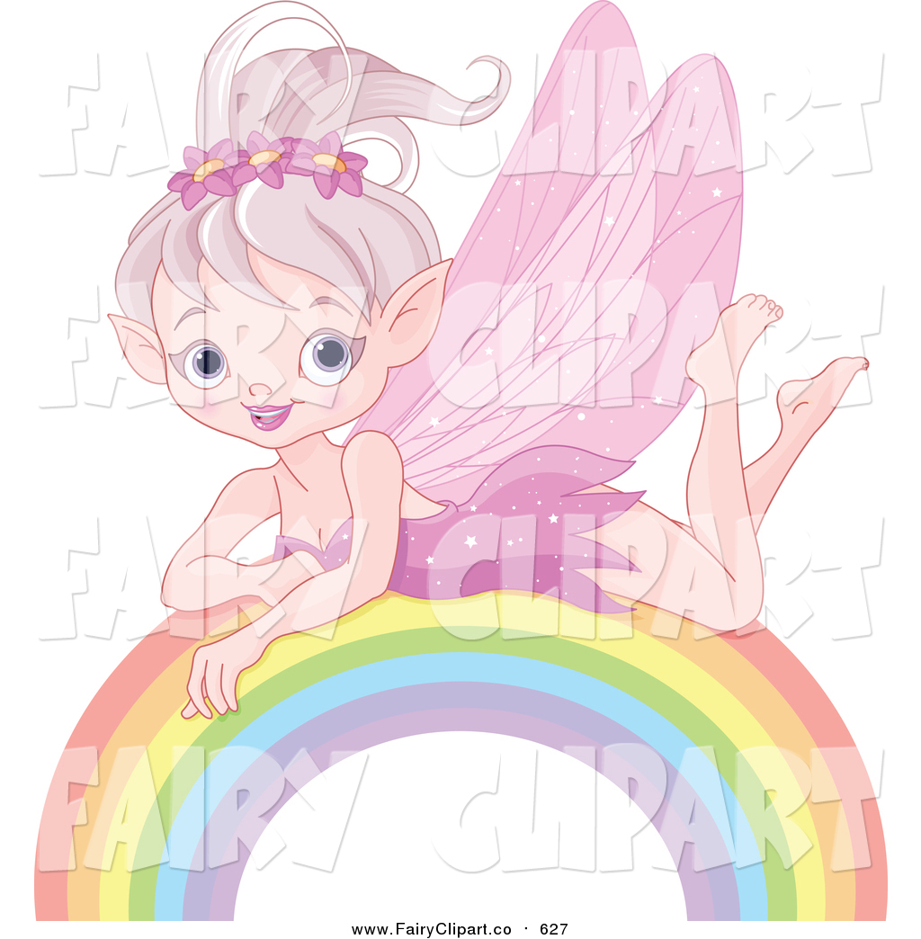 Happy Pink Fairy Pixie Girl Resting On Top Of A Rainbow By Pushkin