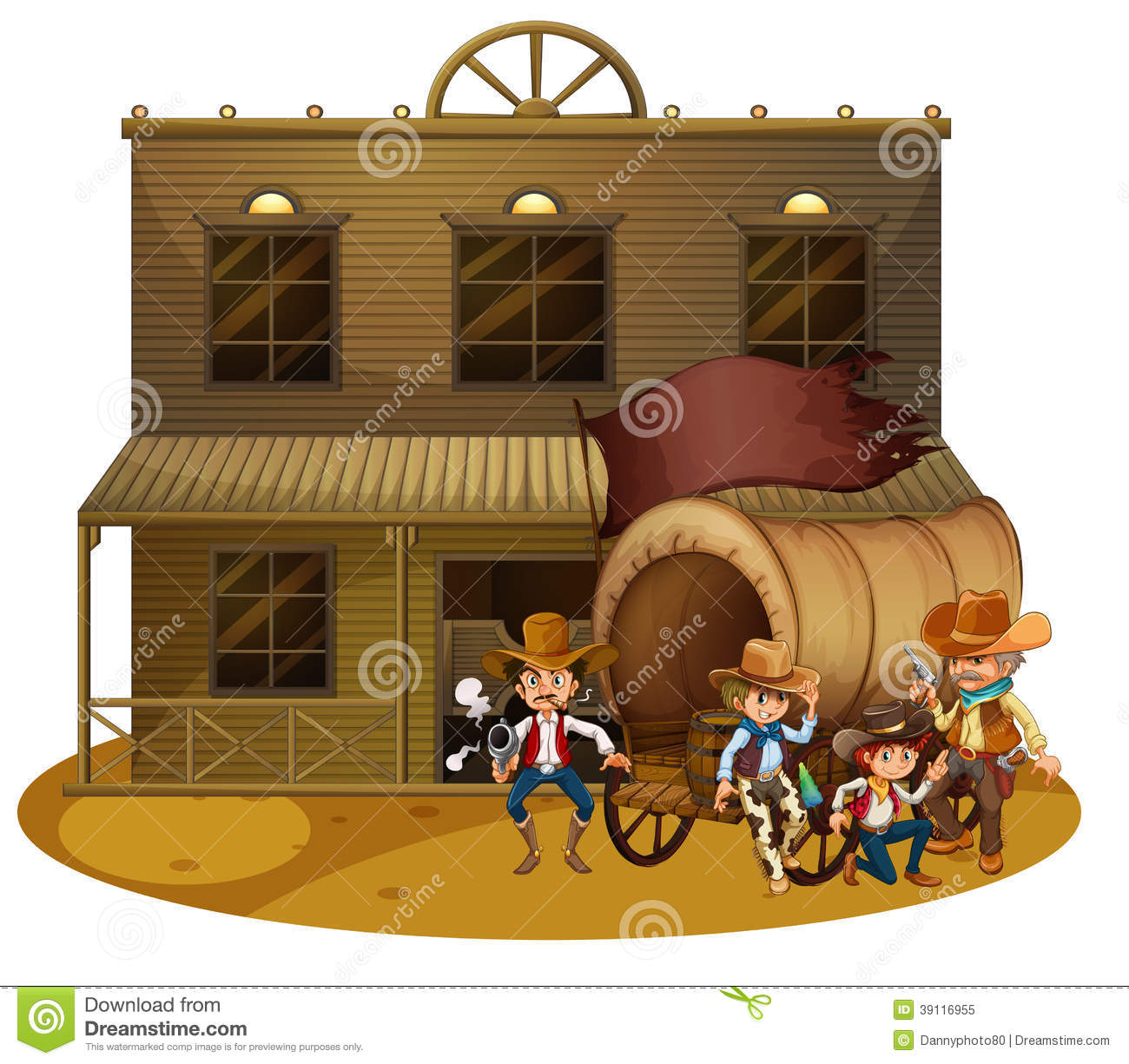 Illustration Of The Western People Outside The Wagon On A White