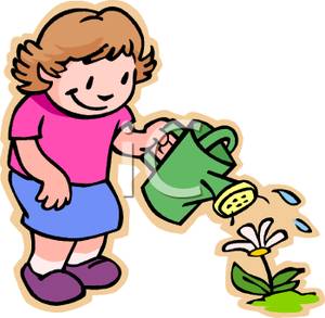 Small Girl Watering A Flower   Royalty Free Clipart Picture