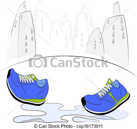 Sneakers Walking Through Puddles In The City  Vector Illustration
