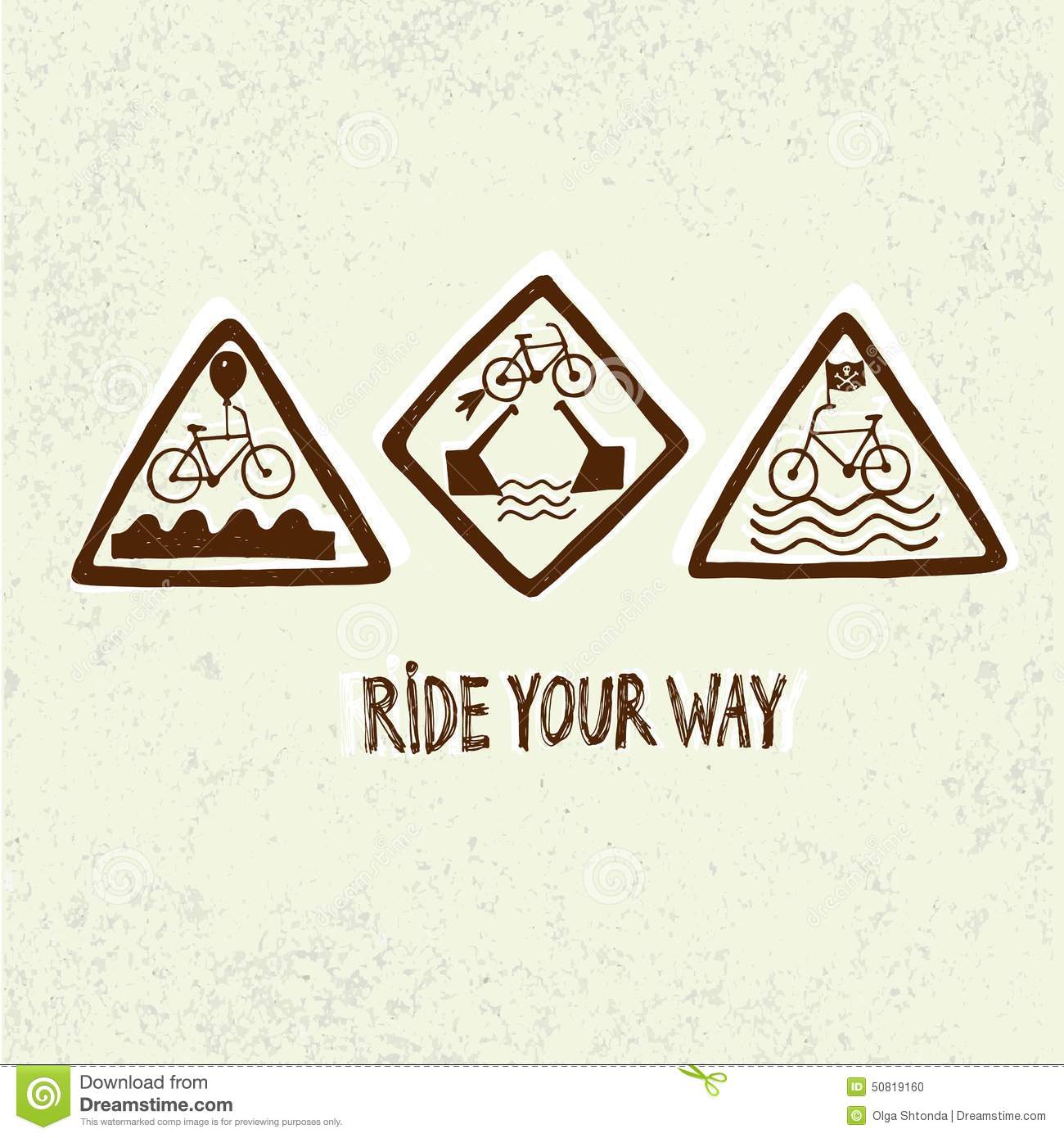 Vector Isolated Funny Doodle Road Signs For Bicycle On Old Wall