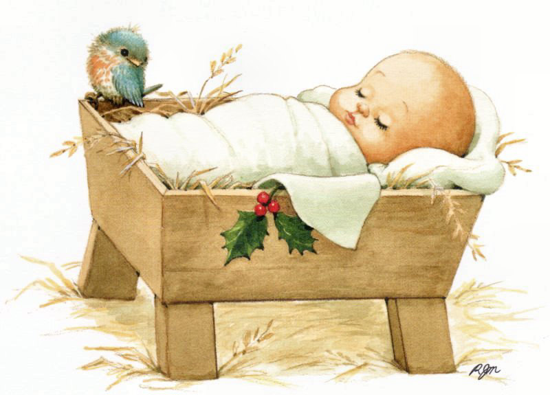 Baby Jesus In The Manger With A Bluebird
