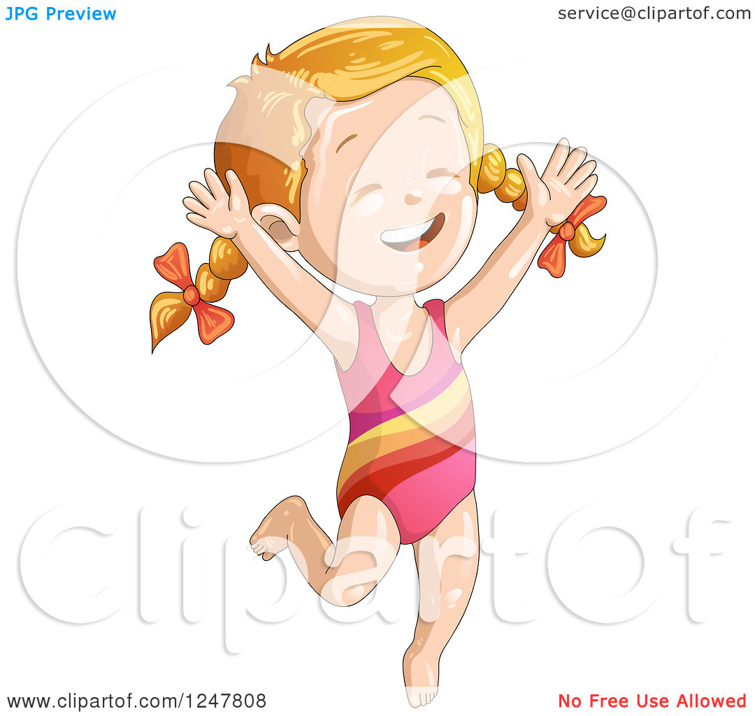 Clipart Of A Happy Girl Jumping In A Swimsuit   Royalty Free Vector