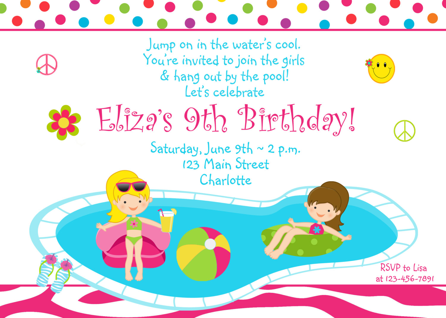Pool Party Birthday Invitation Girls Pool By Thebutterflypress