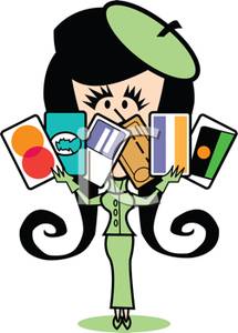 Cartoon Of A Woman Holding Credit Cards   Royalty Free Clipart Picture