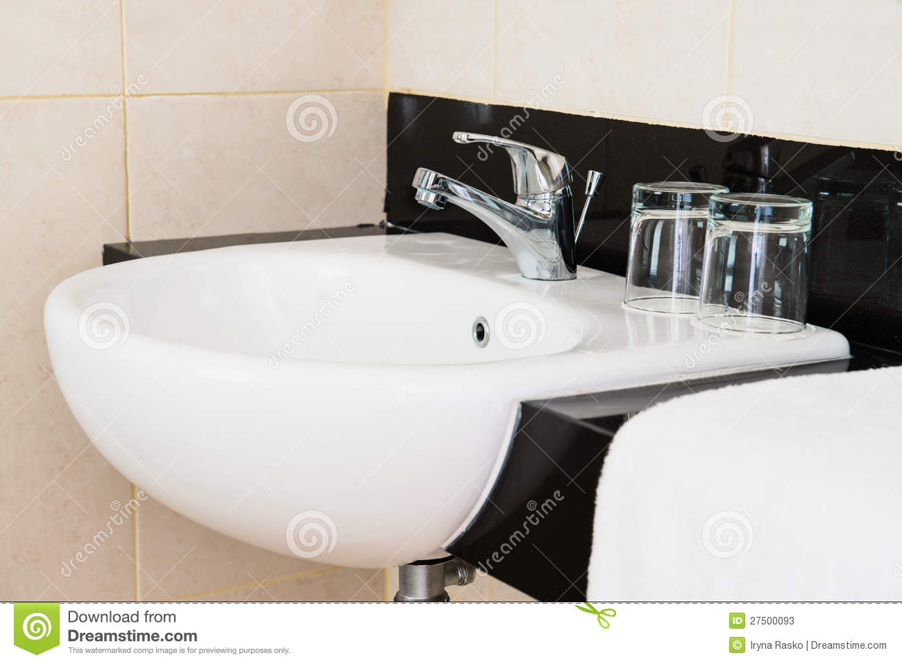 Ceramic Hand Wash Basin In A Hotel With Chrome Water Mixer Tap White    
