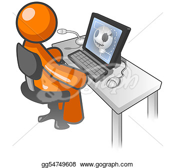 Clip Art An Orange Man Sitting At A Computer Desk Monitoring X Clipart