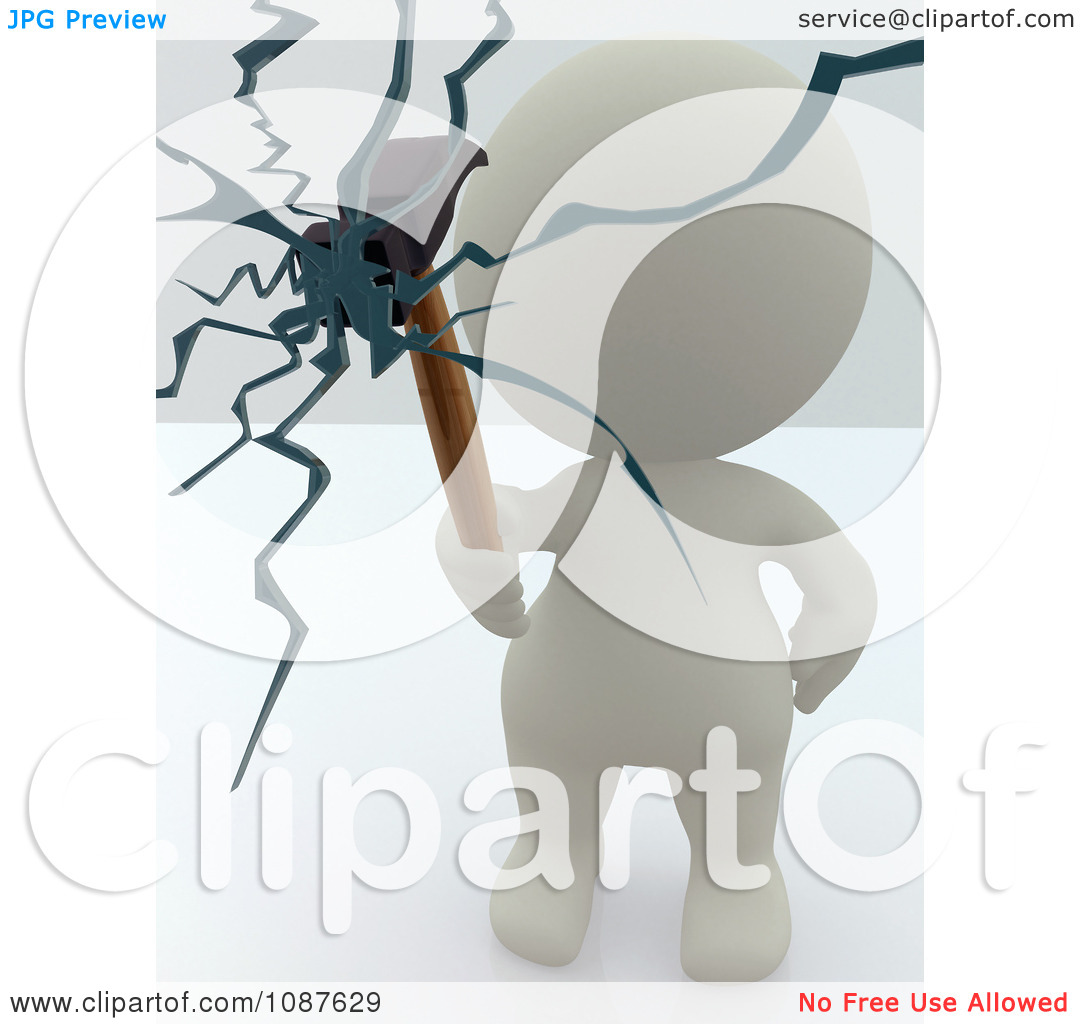 Clipart 3d Teeny White Person Breaking Glass With A Hammer   Royalty