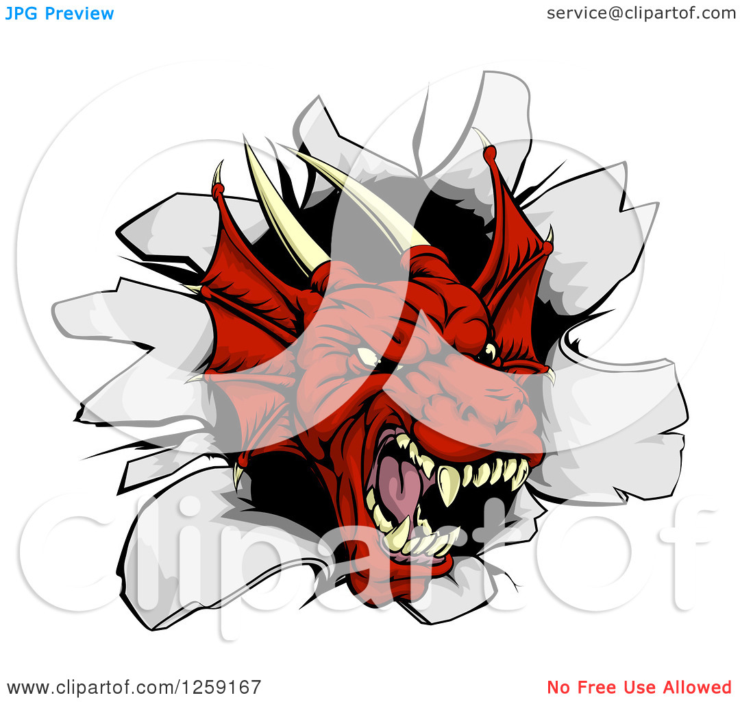 Clipart Of A Fierce Red Dragon Mascot Head Breaking Through A Wall