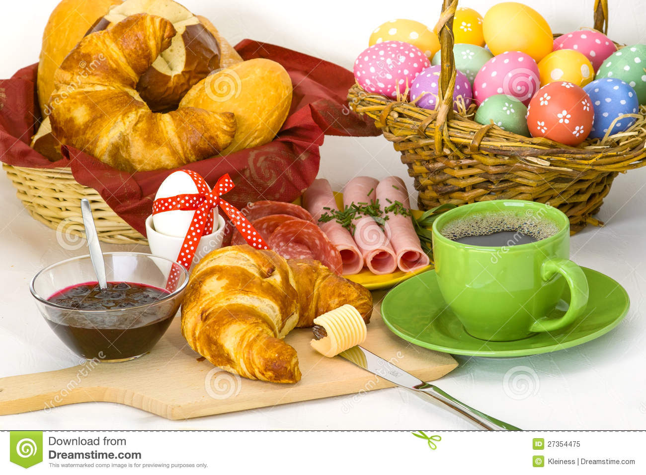 Colored Easter Breakfast With Easter Eggs Coffee Croissant Ham And