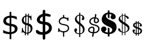 Dollar Sign In Several Fonts        A   B   C   D   E   F   G   H   I    