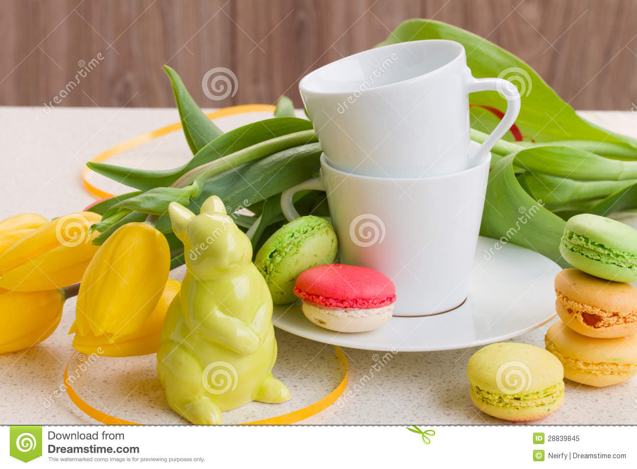 Easter Breakfast With Coffee Rabbit Fresh Tulips And Macaroons