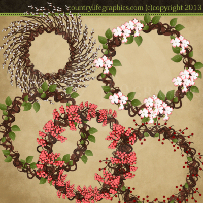 Folkart Primitive Clipart   Spring Berry Wreaths   Country Life