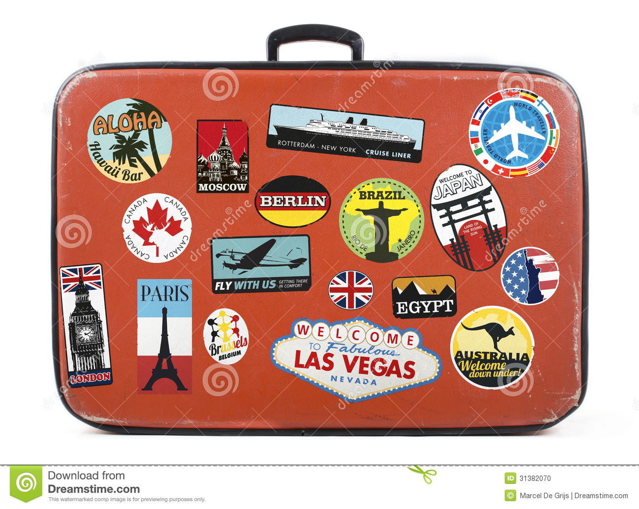 Old Worn Suitcase With Travel Stickers From Around The World