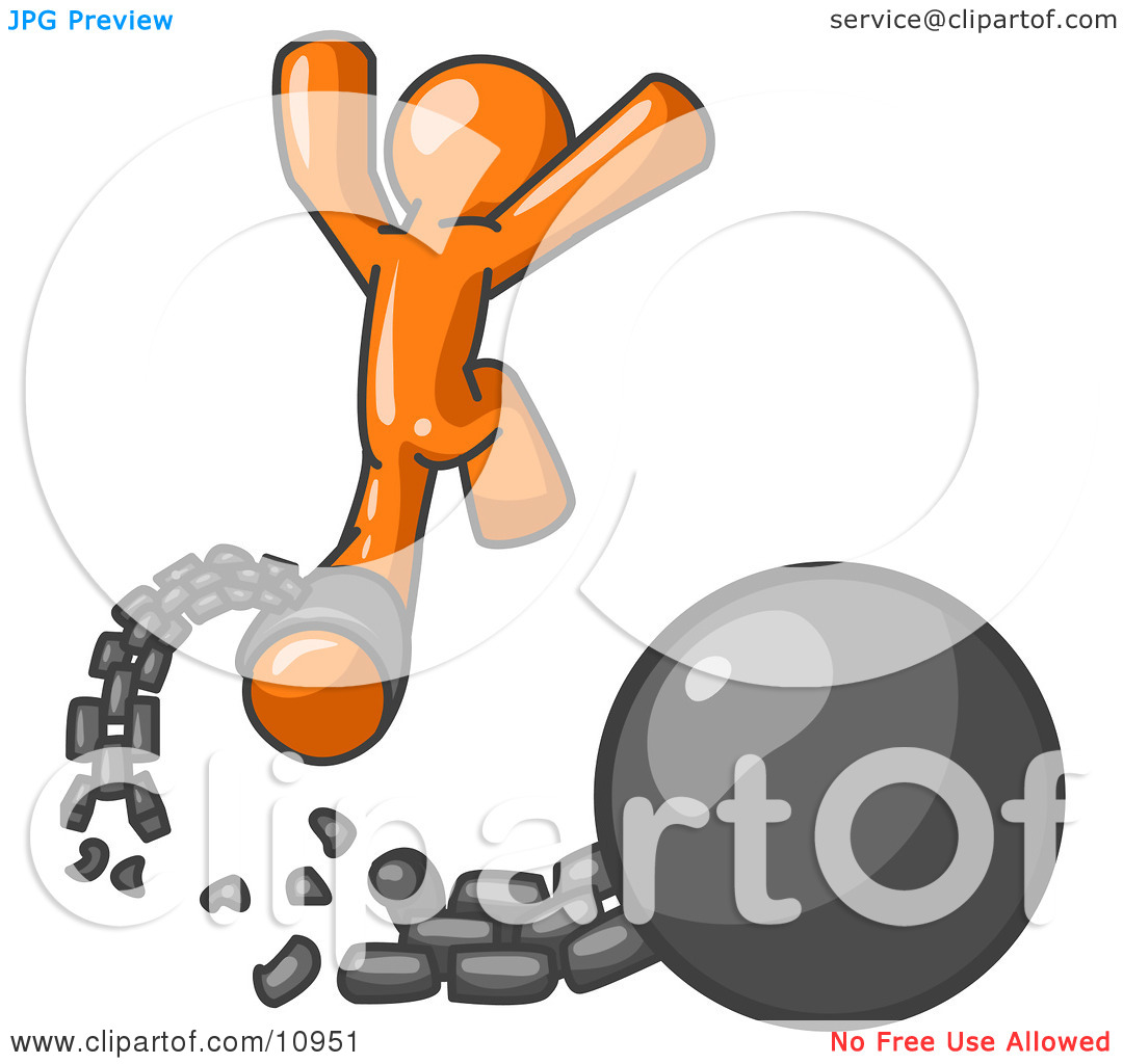 Orange Man Jumping For Joy While Breaking Away From A Ball And Chain