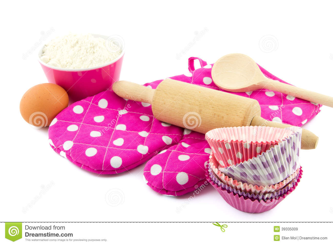 Spotted Pink Oven Glove With Rolling Pin Cup Cake Molds Wooden Spoon