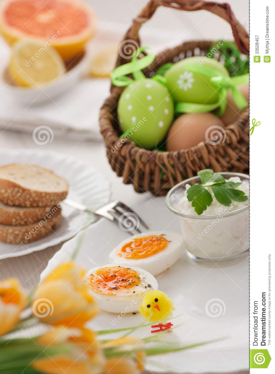Traditional Easter Breakfast  Table Setting With Boiled Eggs With Ham