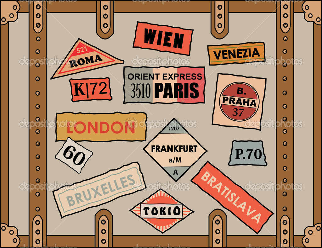 Vintage Travel Stickers On Old Luggage   Stock Vector   Medveh
