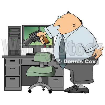Angry Businessman Pointing A Gun At His Computer Tower   Royalty Free    