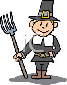 Cartoon Pilgrim With A Pitchfork   Royalty Free Clipart Picture
