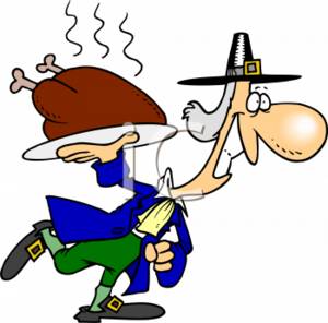 Clipart Picture Of A Cartoon Pilgrim Holding A Roasted Turkey