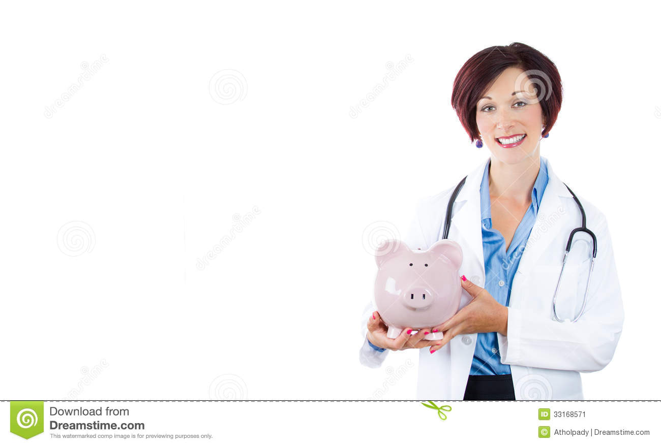 Doctor Nurse Holding Piggy Bank Isolated On A White Background