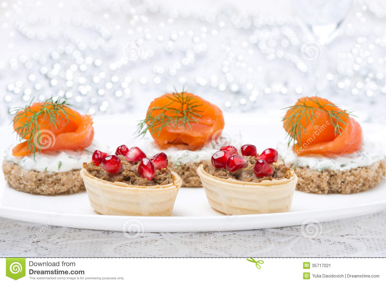 Holiday Appetizers   Canape With Salmon And Tartlet With Pate Stock