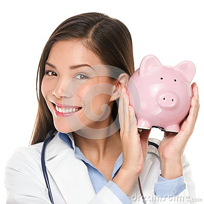Piggy Bank Looking Smiling  Nurse Or Physician Money Concept Isolated