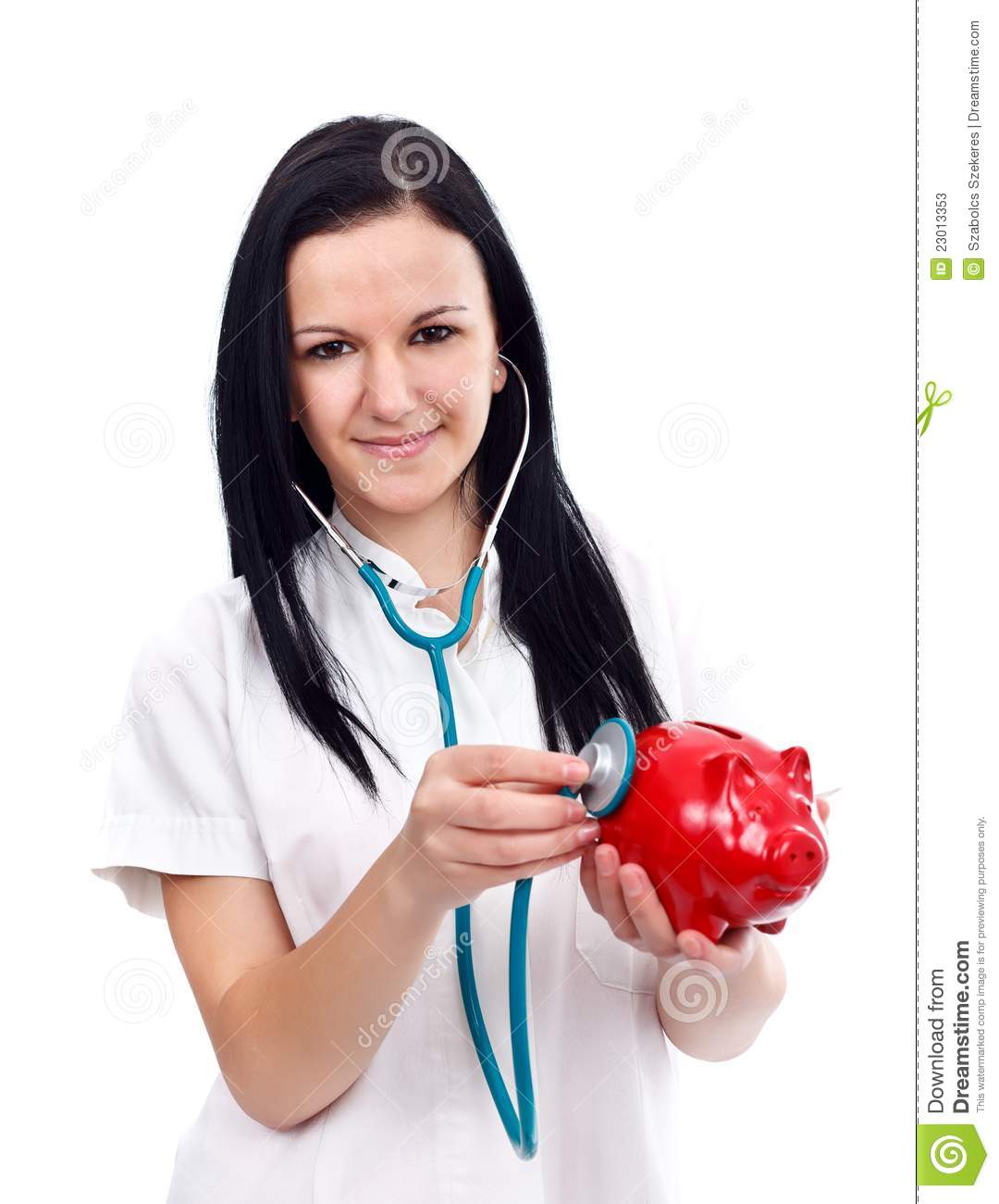 Smiling Nurse Checking The Heart Beat Of The Piggy Bank