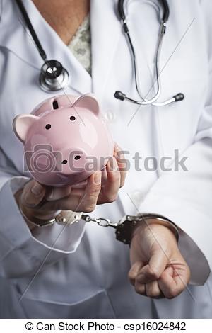 Stock Photo Of Female Doctor Or Nurse In Handcuffs Holding Piggy Bank