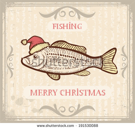 Vintage Christmas Image Of Fishing With Fish In Santa Hat  Raster
