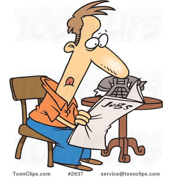 Cartoon Unemployed Guy Searching For Jobs In The Newspaper  2637 By    