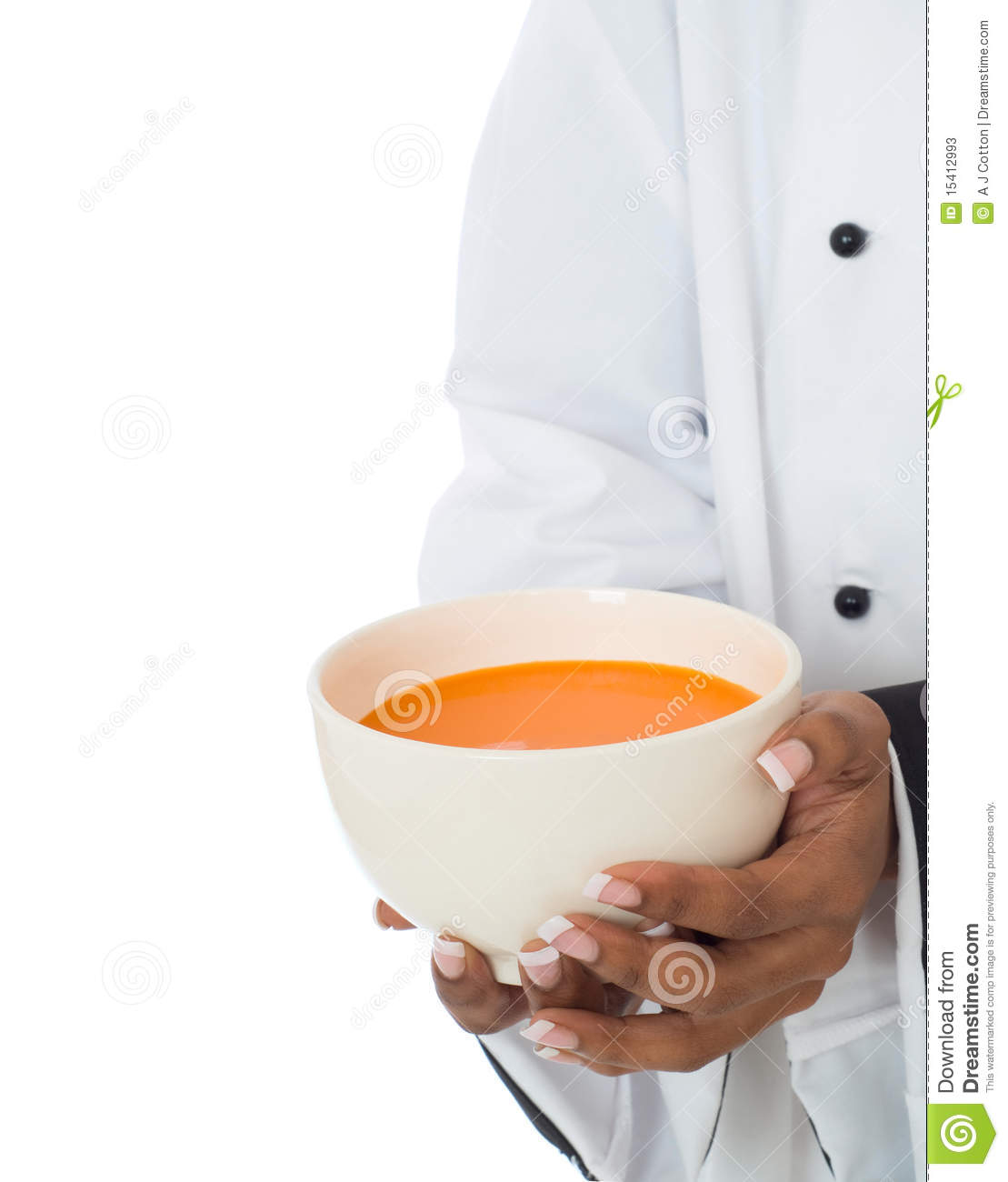 Chef Hands And Jacket Holding Or Serving Soup Food Isolated On White