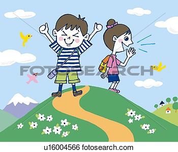 Children Hiking Painting Illustration Illustrative Technique Front