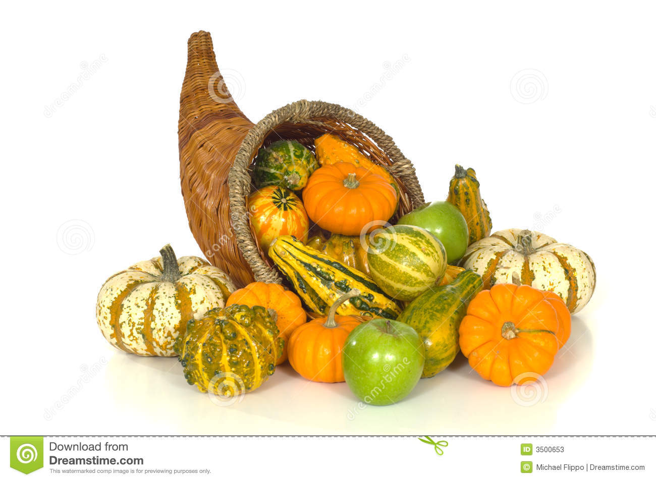 Cornucopia With Fall Harvest Items Including Pumpkins Gords Apples