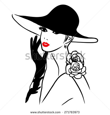 Elegant Lady Wearing A Big Black Hat And Black Gloves    Stock Vector