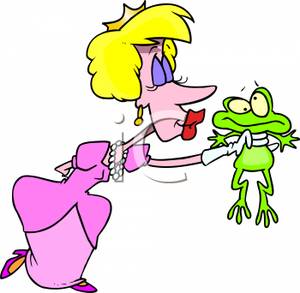 Funny Woman Dressed Like A Princess Preparing To Kiss A Scared Frog