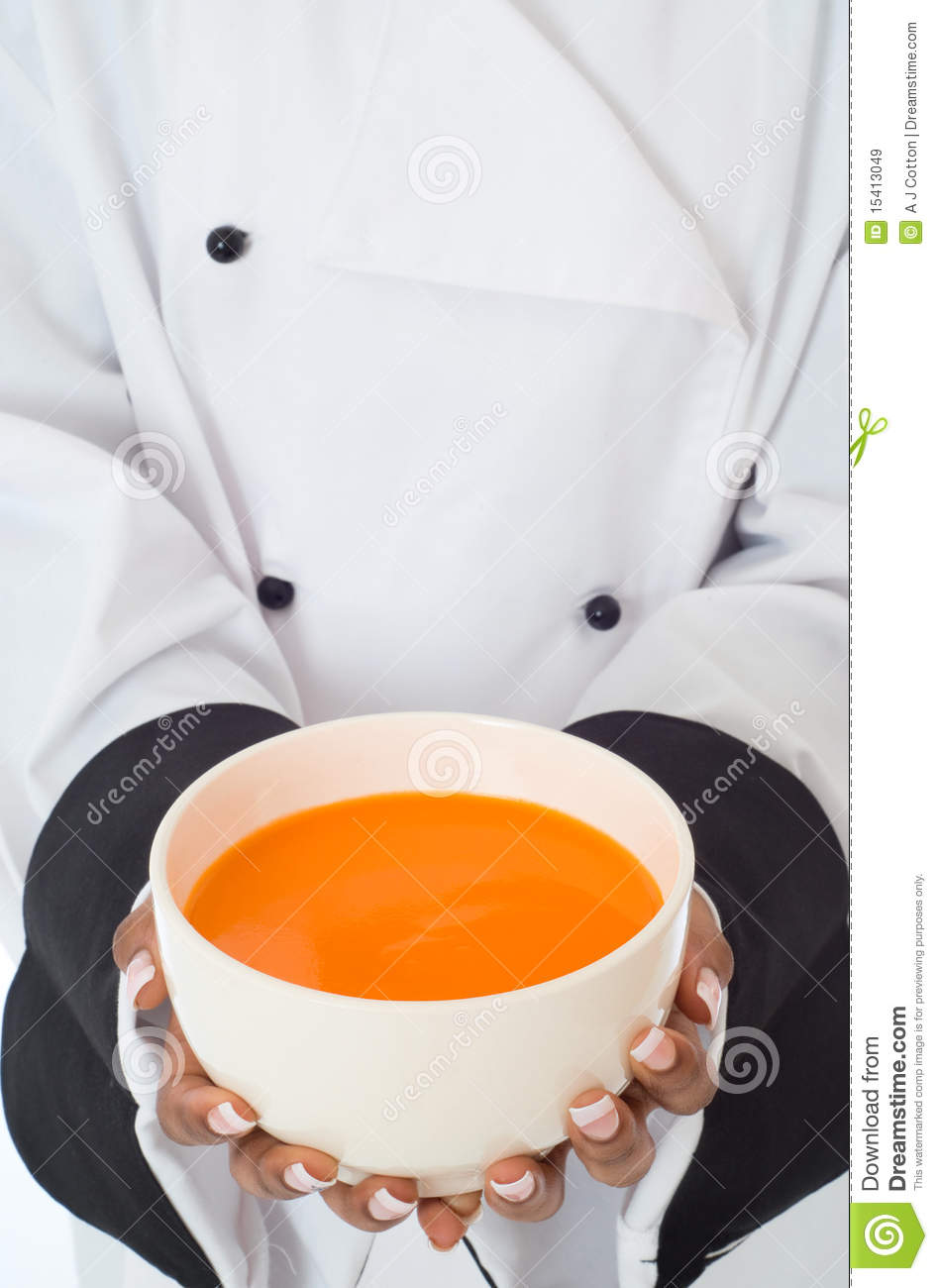 Professional Chef In Work Wear Jacket Serving Soup Isolatated On White    
