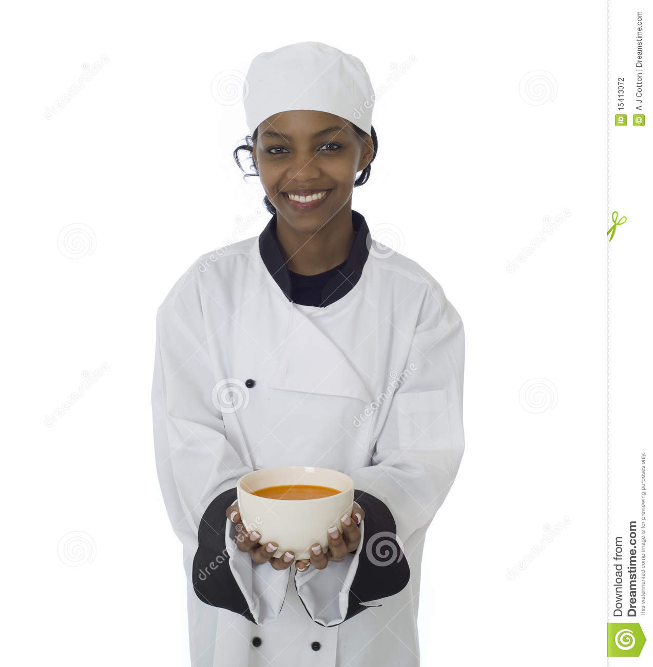 Professional Chef In Work Wear Jacket Serving Soup Isolatated On White