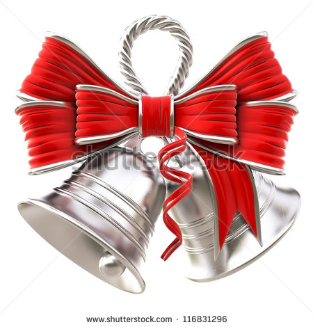 Silver Bells With A Red Bow  Isolated On White  Stock Photo 116831296