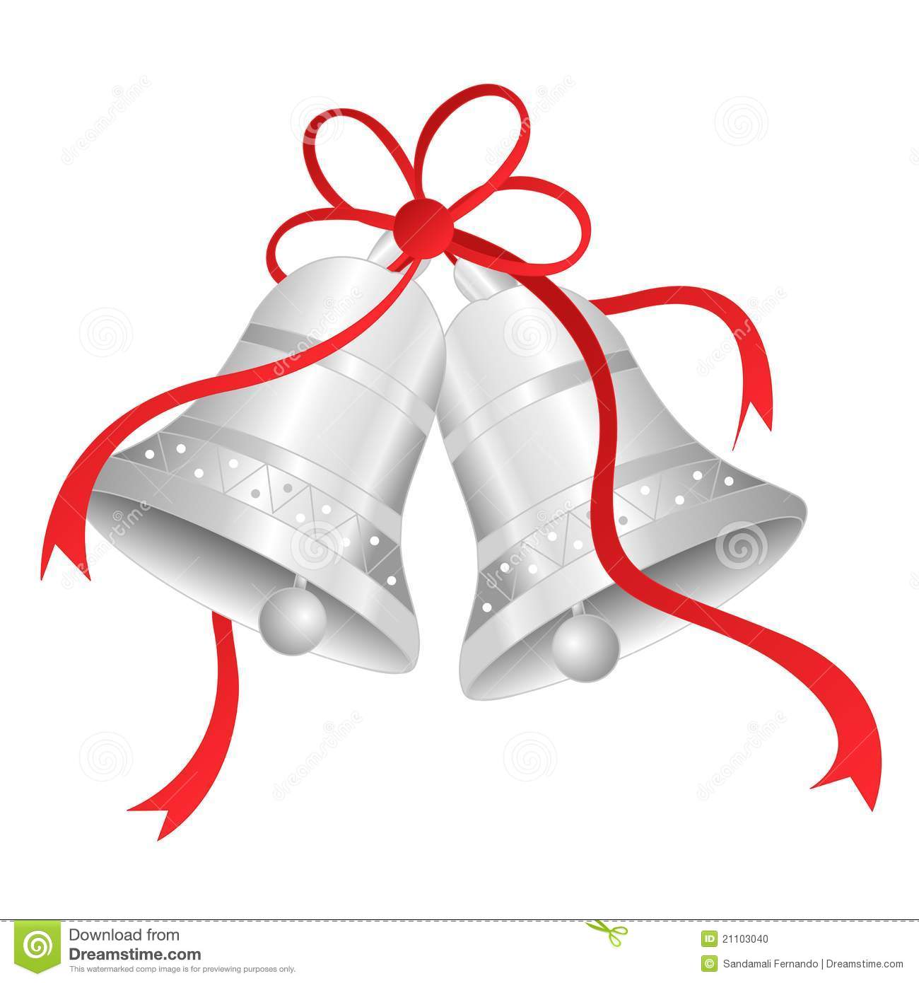 Silver Bells With Red Ribbon Isolated On White Background    
