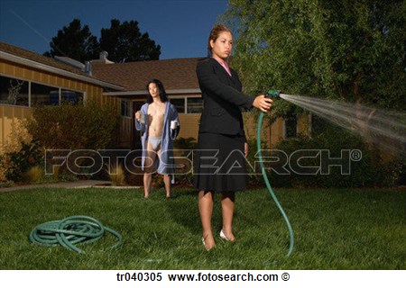 Stock Image   Young Woman Watering The Lawn With A Hose  Fotosearch