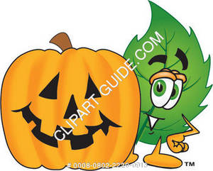 Cartoon Green Leaf With A Halloween Pumpkin