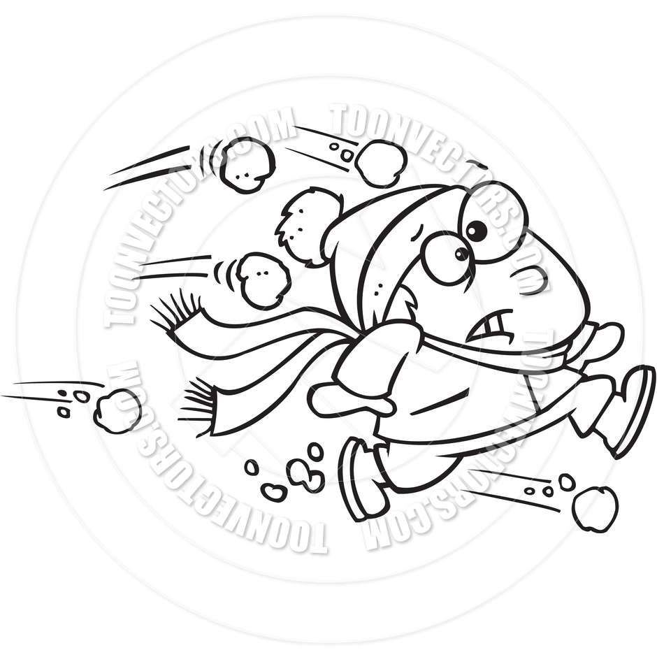 Cartoon Snowball Fight  Black And White Line Art  By Ron Leishman